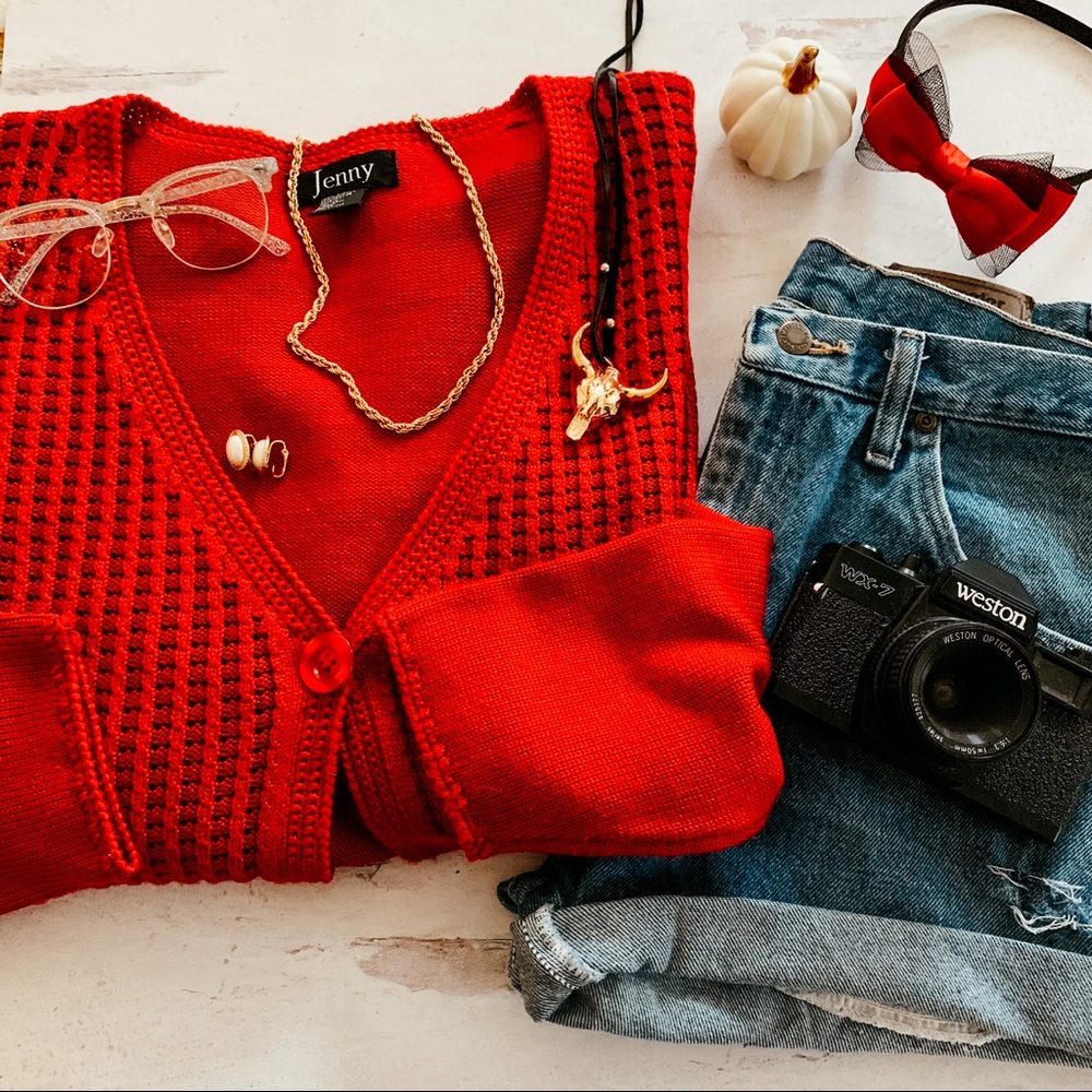 Vintage Trendy One Button Solid Red Cardigan SZ 1X